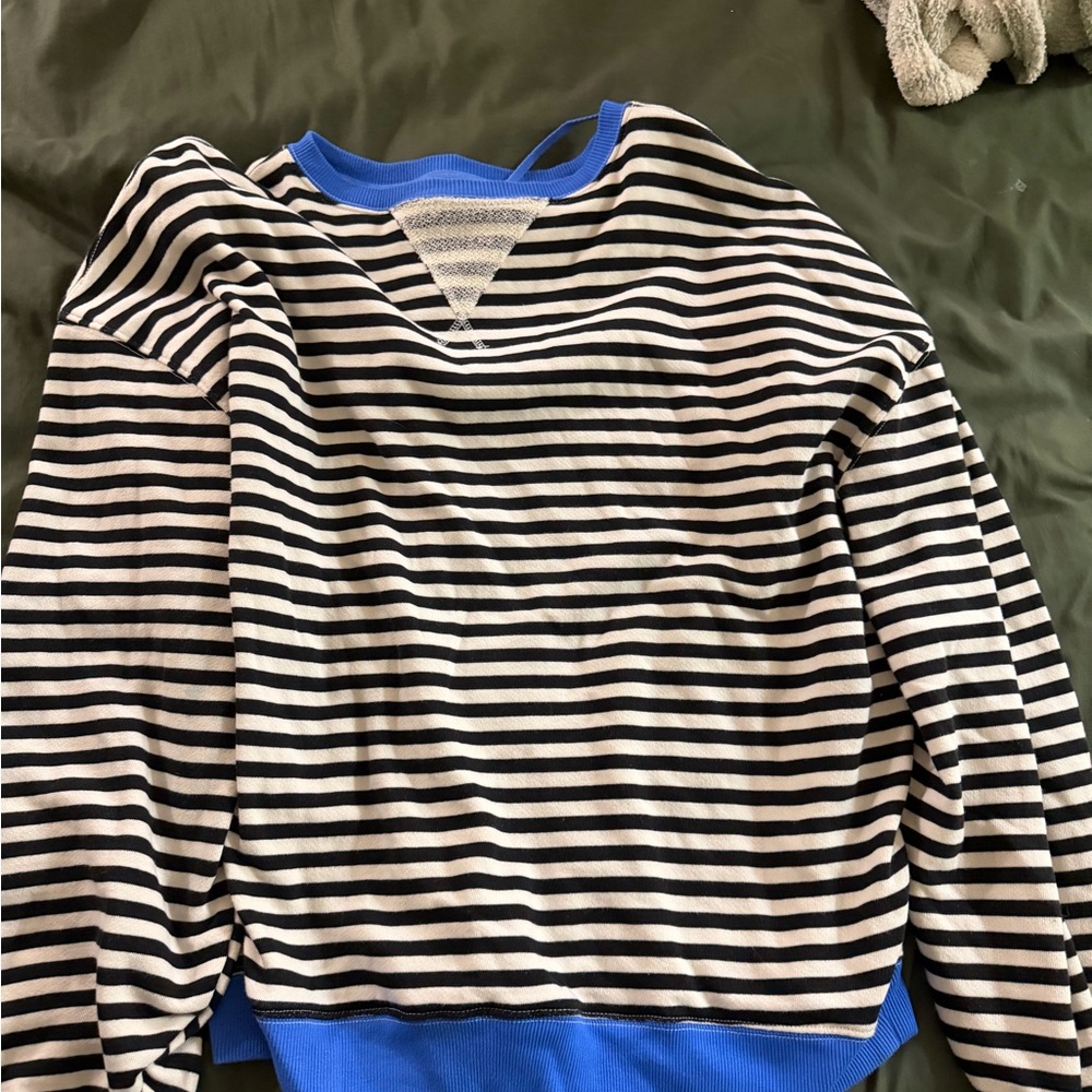 Free People Striped Black and White Sweater with Blue Trim